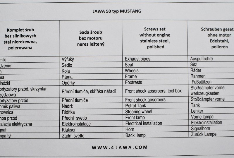 Komplet śrub, bez silnikowych, nierdzewne/polerowane, Jawa 50 typ 23 Mustang-photo6