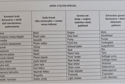 Komplet śrub, karoseria + silnik, nierdzewne/polerowane, Jawa Special