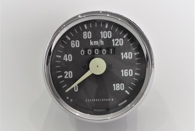 Licznik, 180 km/h, chromowana ramka, biała wskazówka, Jawa 634-640