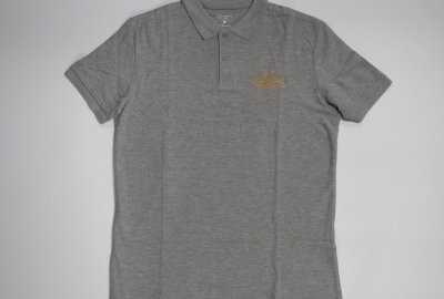 Koszulka bawełniana polo, szara, logo JAWA-złote, rozmiar S