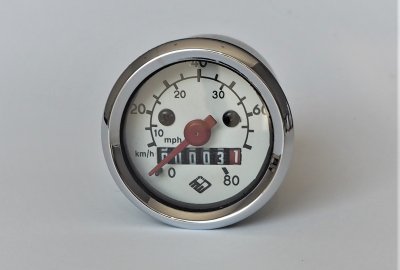 Licznik, 80 km/h, czerwona wskazówka, biały cyferblat, Jawa Babetta