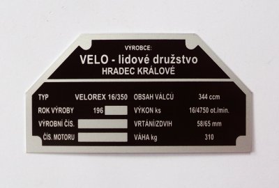 Tabliczka znamionowa, rok 196--, VELOREX 350