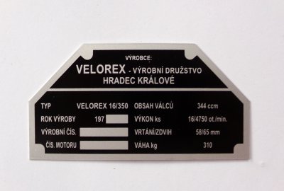 Tabliczka znamionowa, rok 197--, VELOREX 350