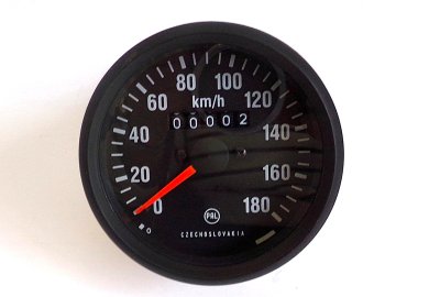 Licznik, 180 km/h, czarna ramka, pomarańczowa wskazówka, Jawa 634-640